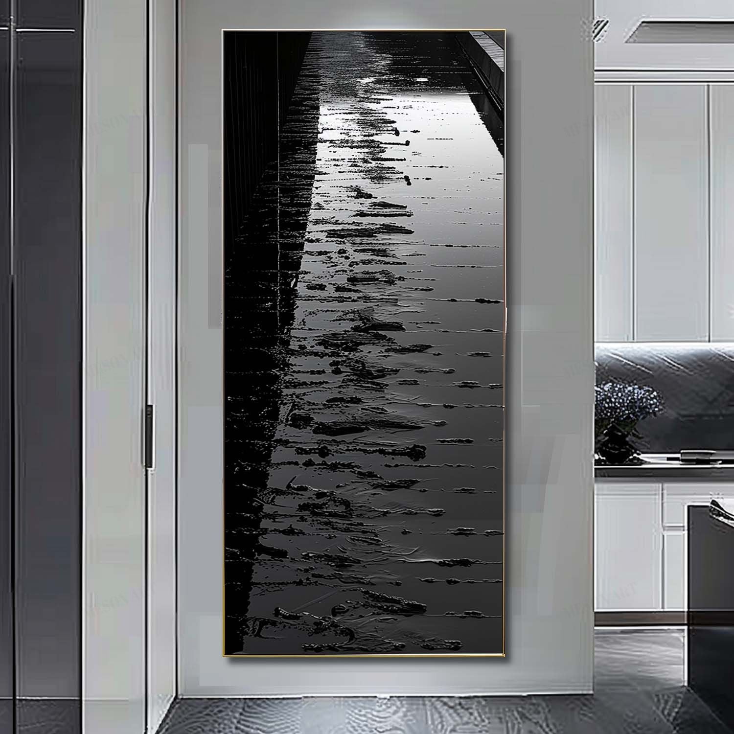 Large Black Abstract Art for Sale 40"*80" Framed Wall Art Black Abstract Texture Painting on Canvas