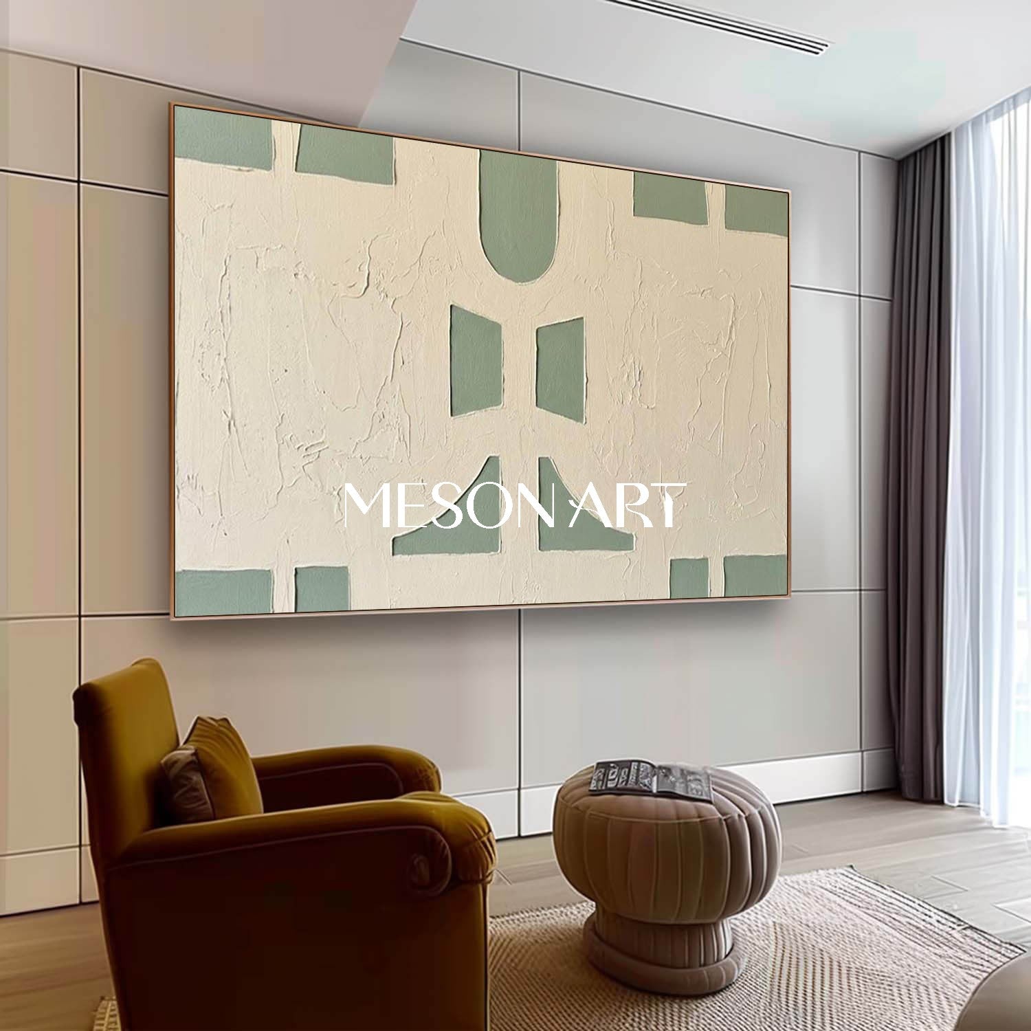 Panoramic Sage Green Canvas 3D Textured Geometric Painting Custom Size Architectural Canvas