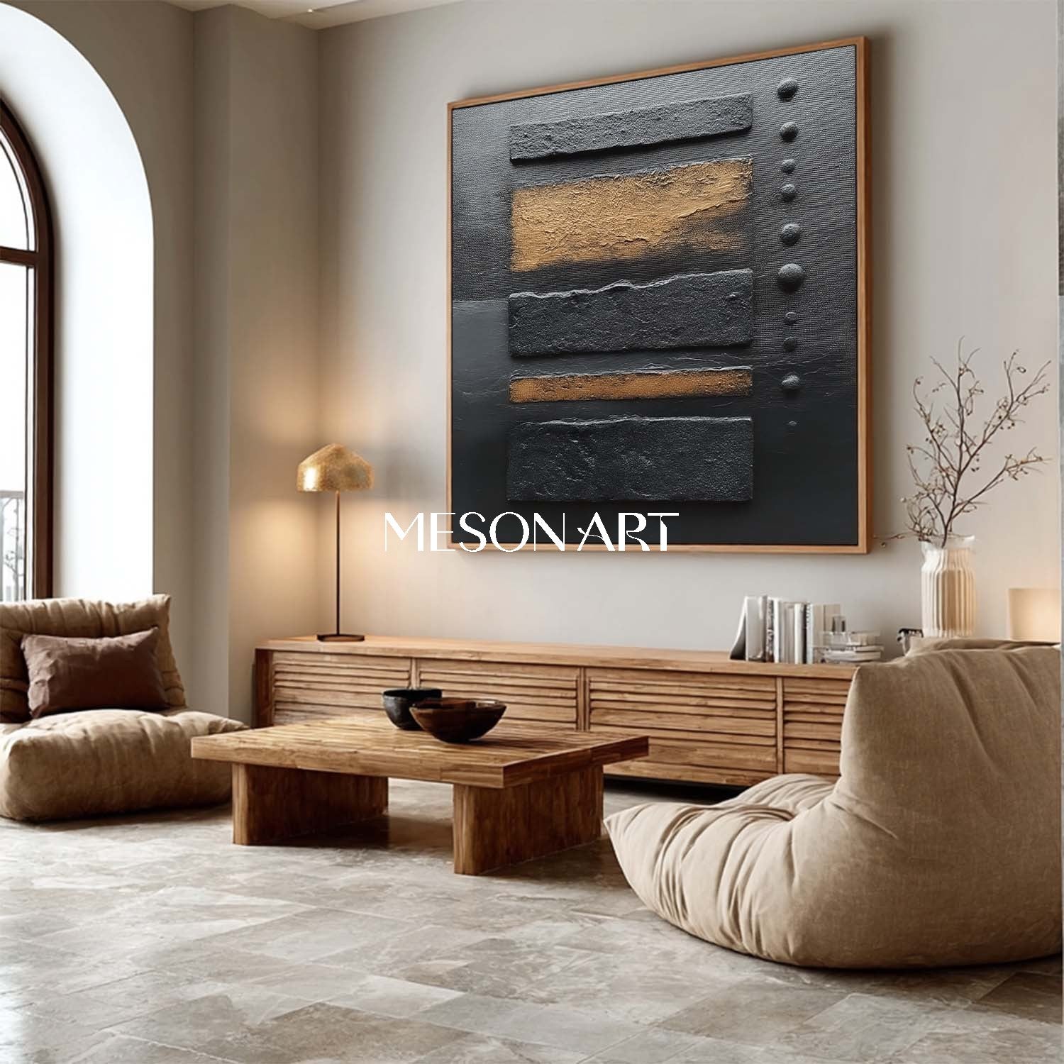 黒と金のテクスチャ抽象絵画をベッドルーム用に額装オーダー – MesonArt