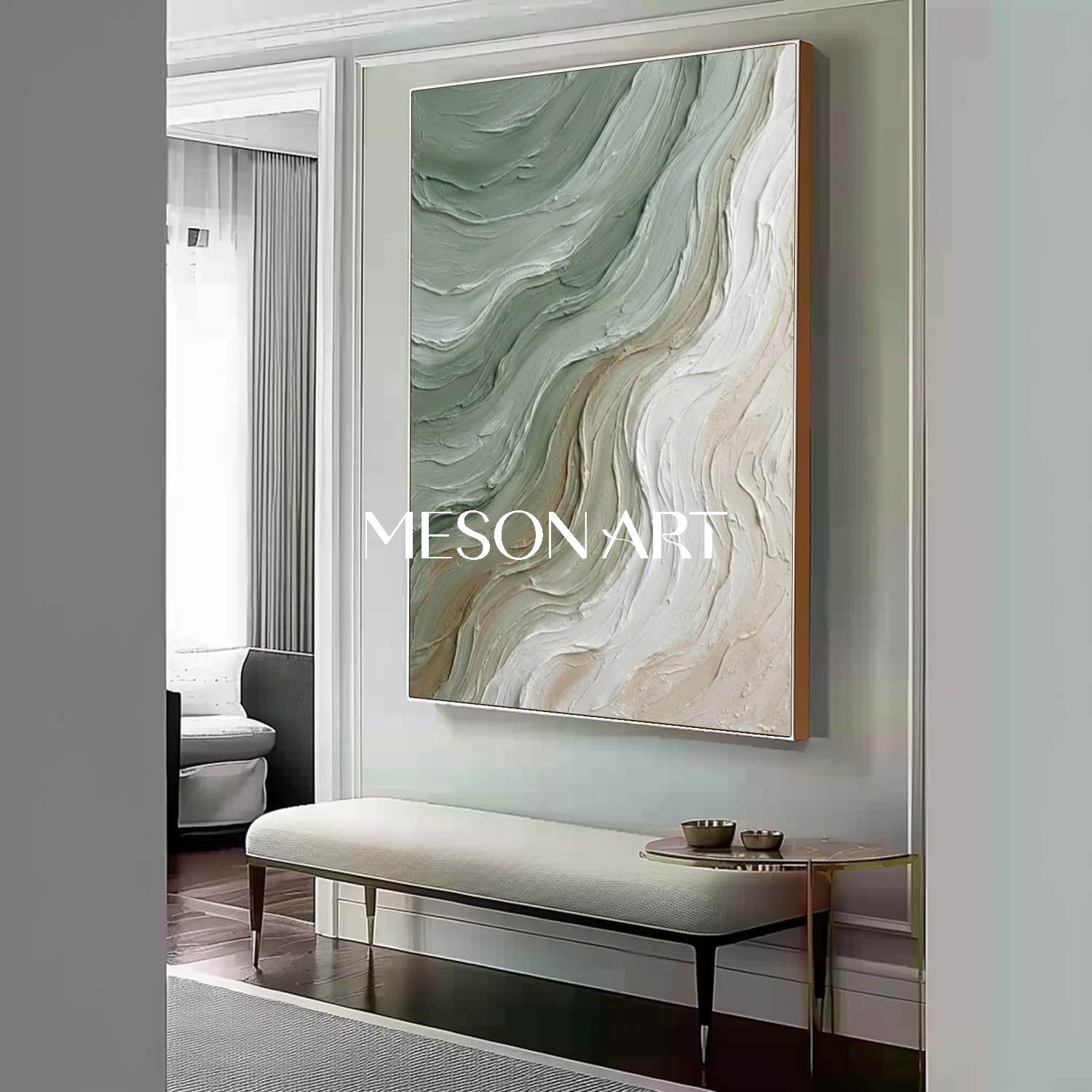 Large White And Green Wave Canvas Wall Painting Minimalist Wave Wall Art Decoration