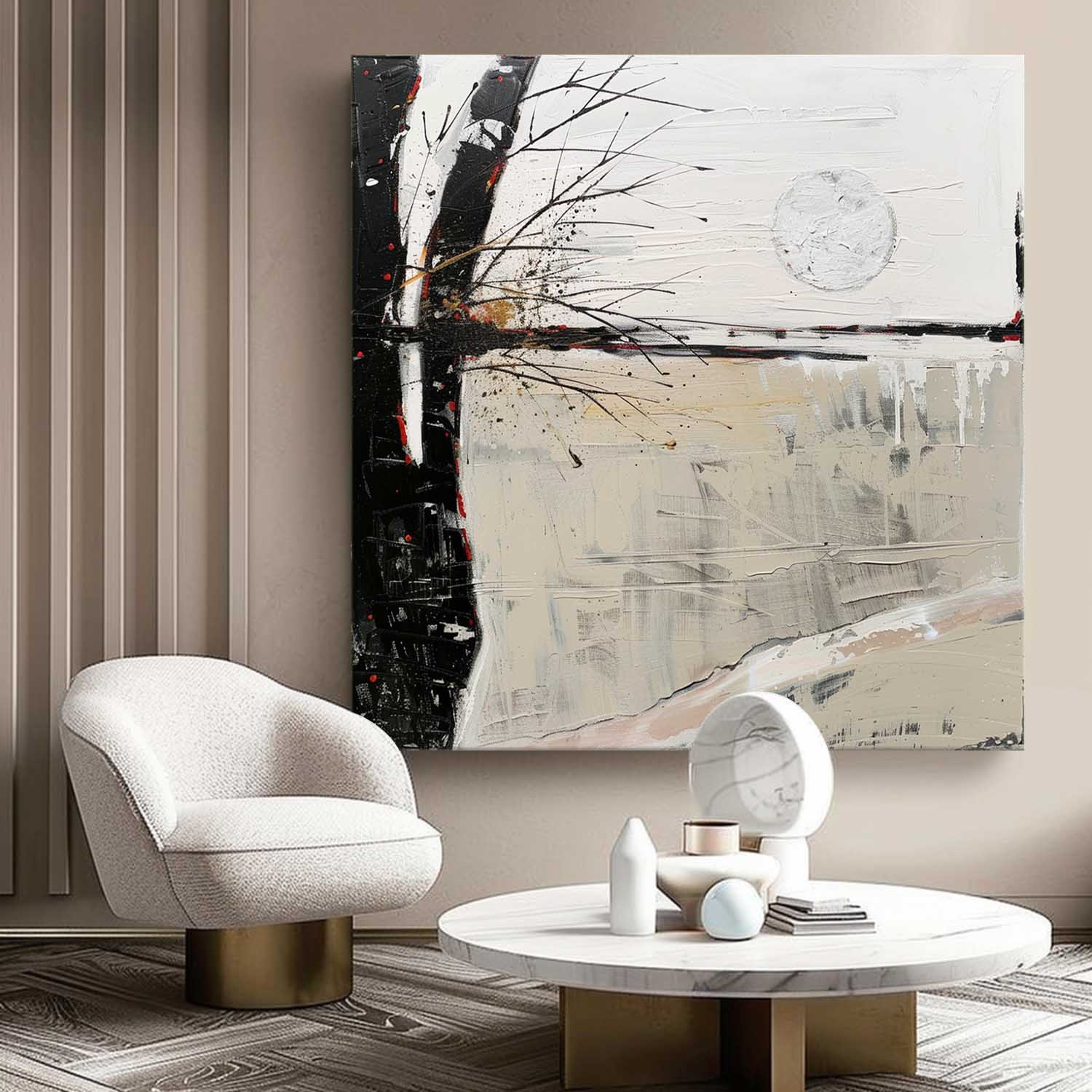 Wabi-Sabi Wall Art Gray and White Abstract Art Gray and White Landscape Canvas Oil Painting