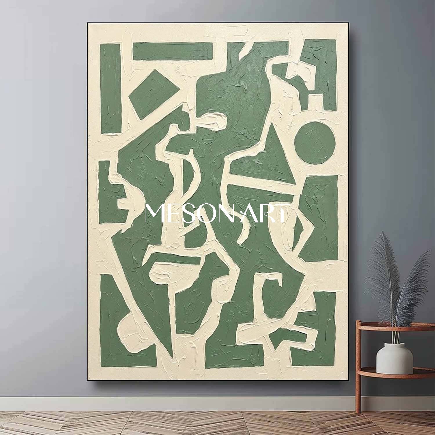 Vertical Sage Green Maze Art Modern Geometric Puzzle Painting MesonArt Exclusive Statement Piece