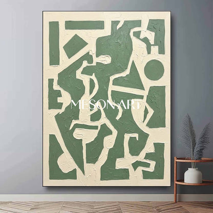 Vertical Sage Green Maze Art Modern Geometric Puzzle Painting MesonArt Exclusive Statement Piece