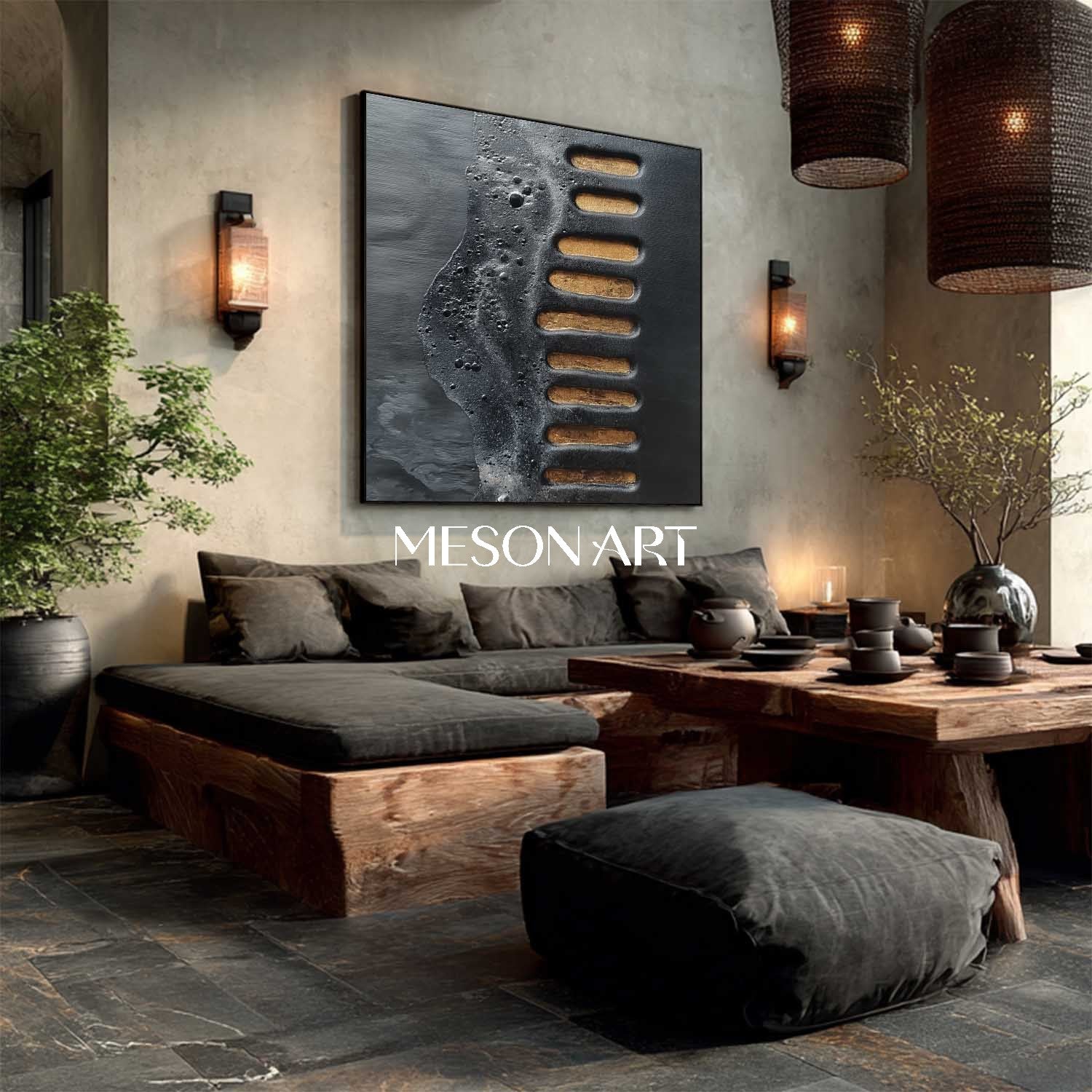 Original Wabi-Sabi Textured Black Gold Handmade Abstract Canvas Art