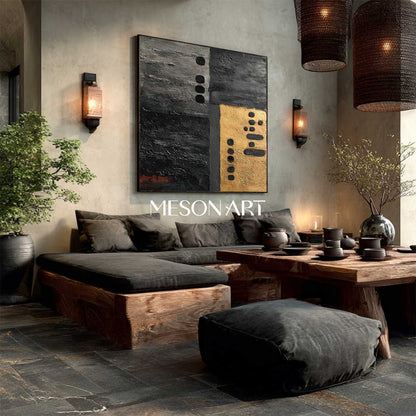 Wabi-Sabi Minimalist Abstract Black and Gold Modern Art Canvas Hallway