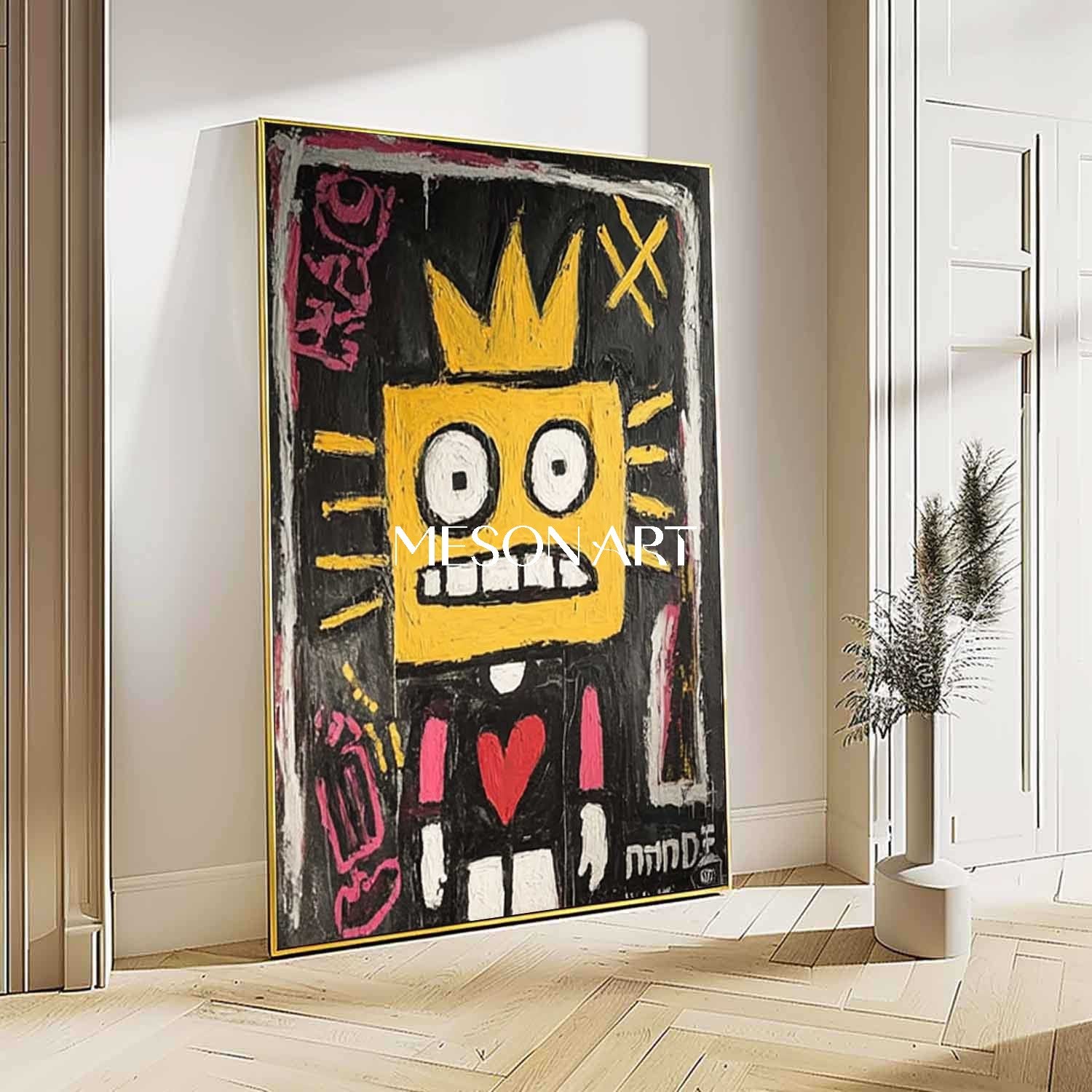 Hand-painted Yellow Square Face Neo Expressionism Original Oil Painting