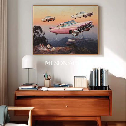 Surreal Sunset Surreal Art Flying Vintage Cars Hollywood Hills Canvas