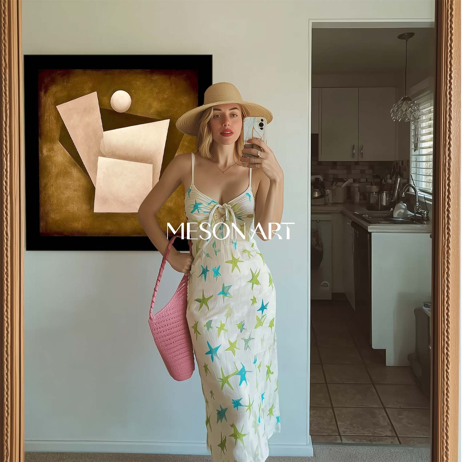 Warm Ochre Abstract Geometric Oil Painting Framed Canvas Art Office Buy