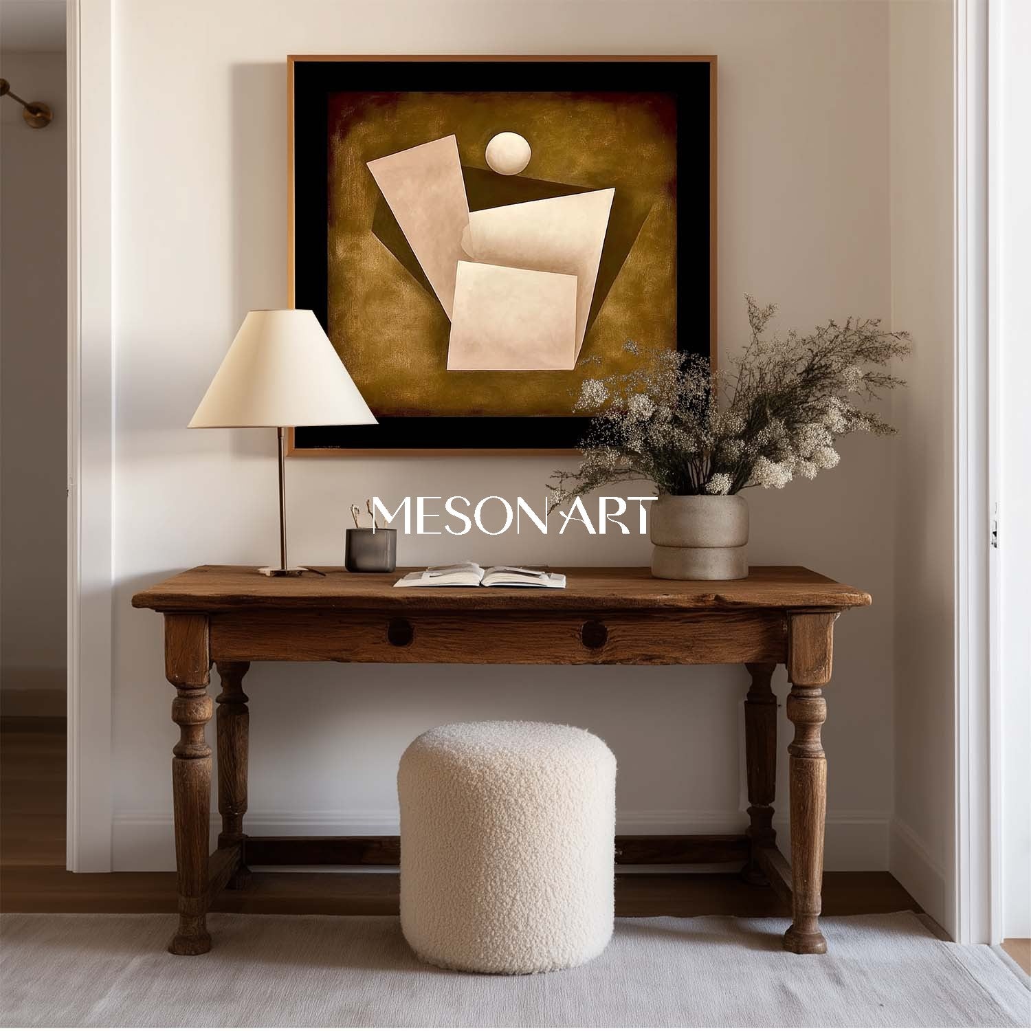 Warm Ochre Abstract Geometric Oil Painting Framed Canvas Art Office Buy