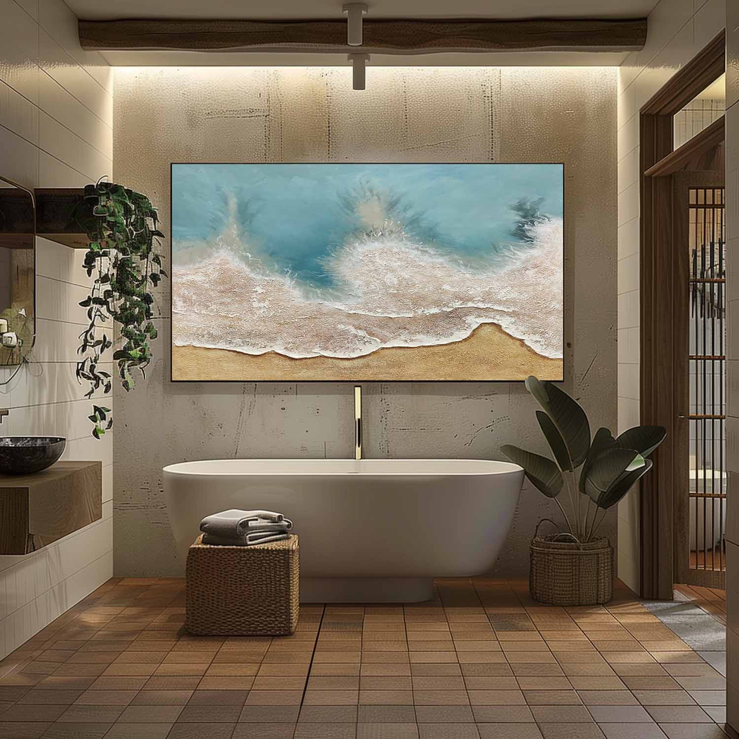 Large Light Blue Coast Texture Painting Light Blue Coast Canvas Wall Art Light Blue Abstract Art for Sale