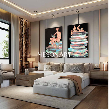 Large 2-piece set of book abstract wall paintings for sale Study room abstract canvas art
