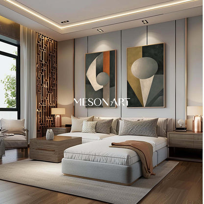 Modern Abstract Geometric Oil Painting Gray Canvas Living Room Triptych