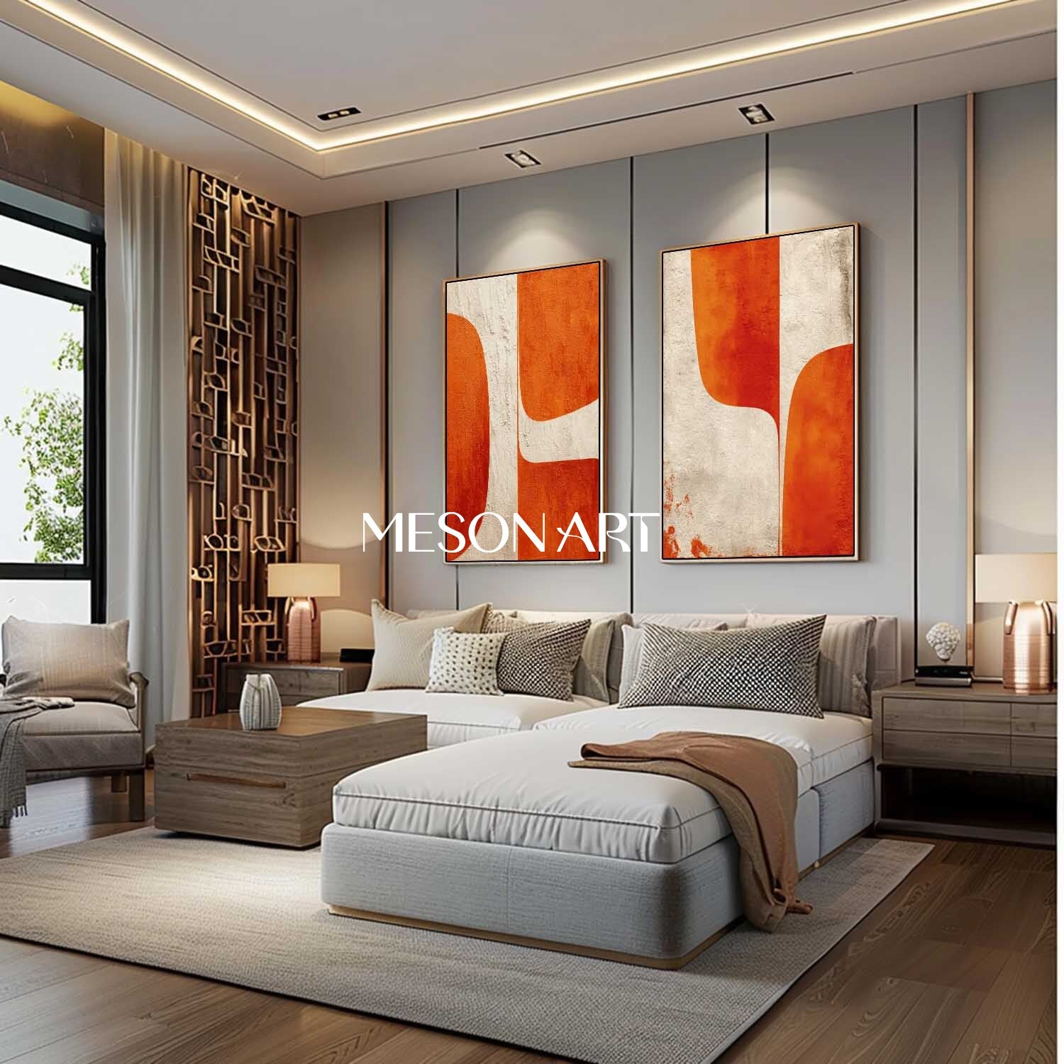 Abstract Geometric Canvas Set Orange Minimalist Wall Art for Living Room