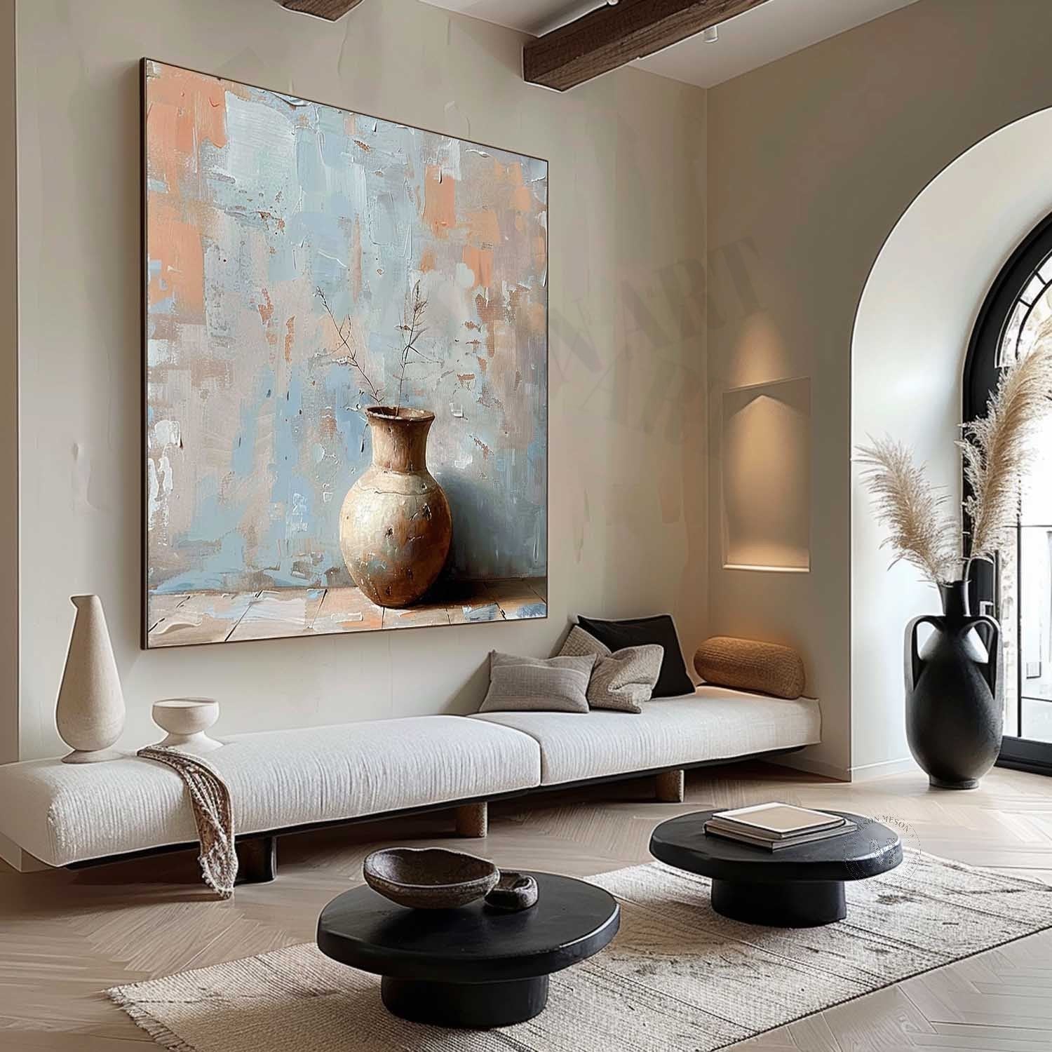Cyan Clay Pot Minimalist Painting Clay Pot Wabi Sabi Canvas Wall Art for Sale