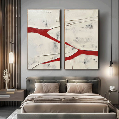 Large Red and White Textured Abstract Art Set of 2 for Sale Red and White Minimalist Textured Canvas Wall Art Decor