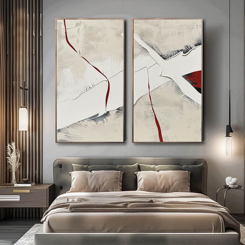 Large Red and White Minimalist Textured Art Set of 2 for Sale Red and White Plaster Textured Canvas Painting