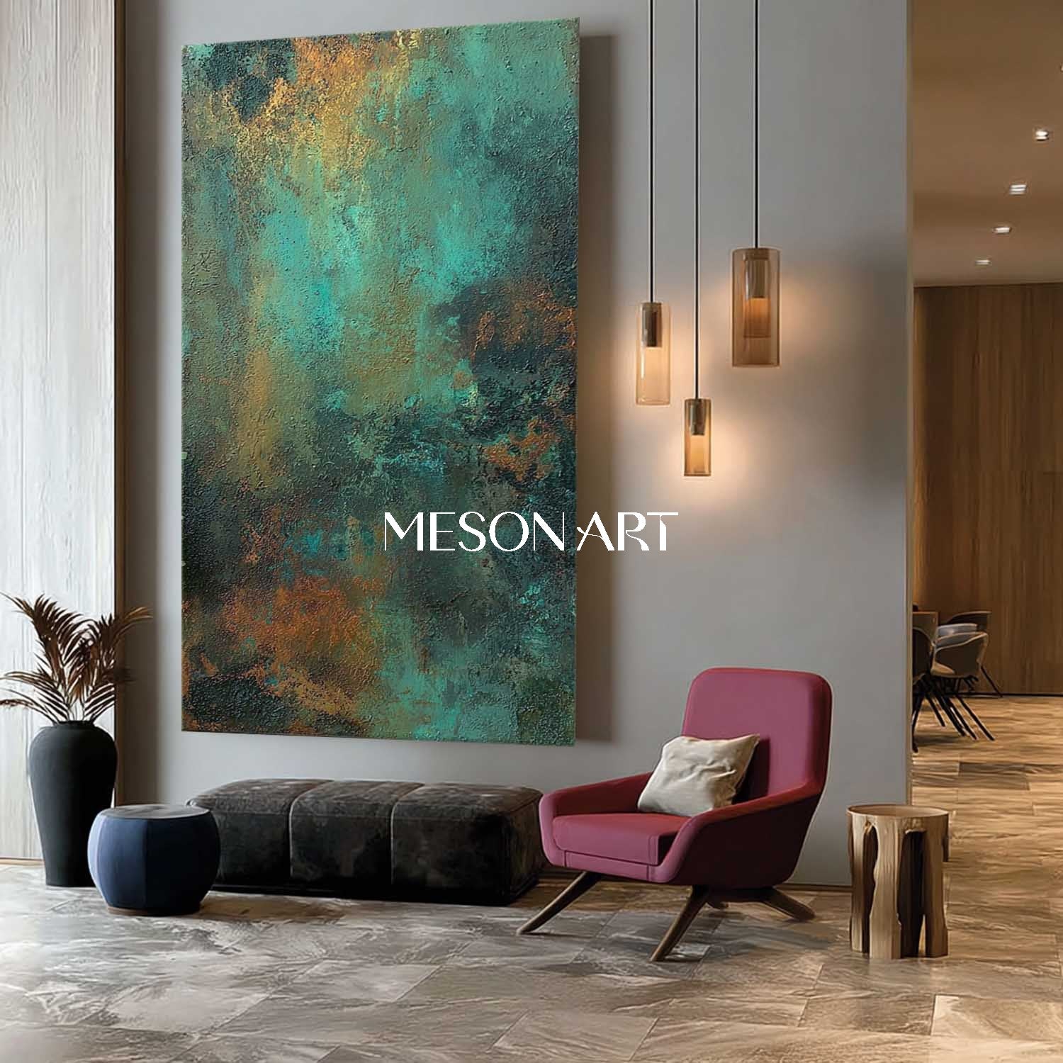 Large Green and Bronze Abstract Art for  50” x 100” Hallway or Corridor Wall Decoration 