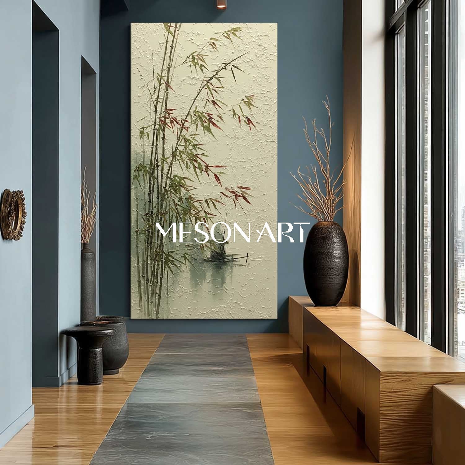 Calm Bamboo Scene on Linen Canvas – Hand-Painted Wabi-Sabi Art | Mesonart