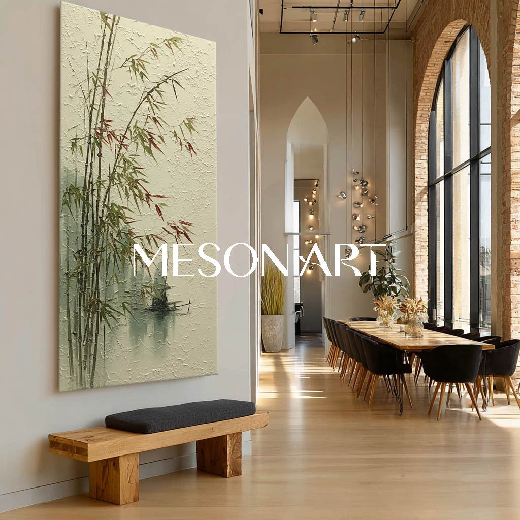Calm Bamboo Scene on Linen Canvas – Hand-Painted Wabi-Sabi Art | Mesonart