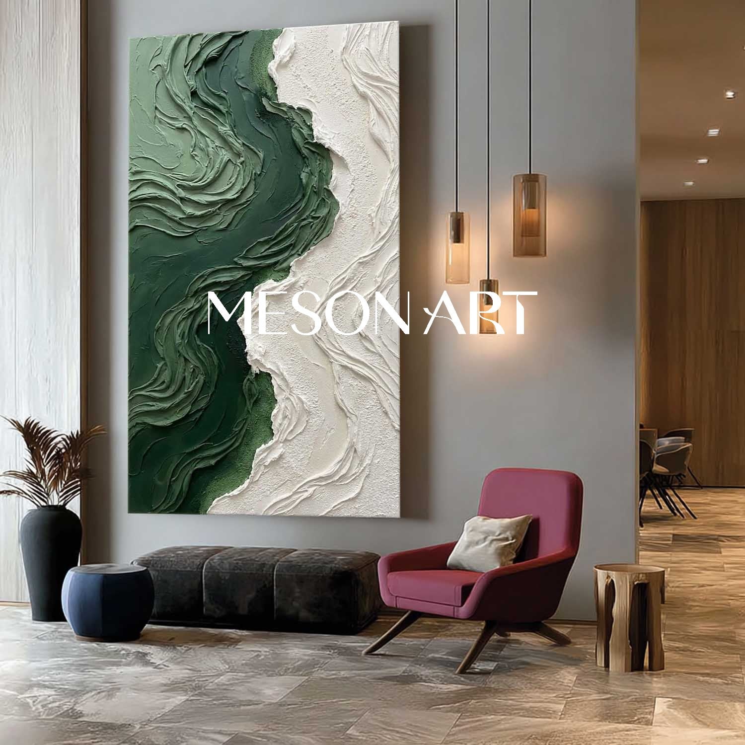 Large Green Wave Wall Art For Living Room Abstract Textured Painting Of A Green Beach