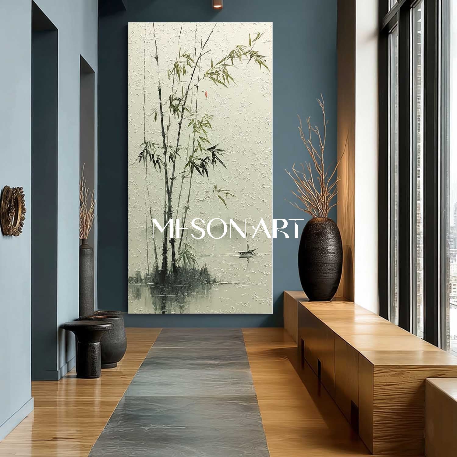 Wabi-Sabi Bamboo Painting on Canvas – Minimalist Wall Art by Mesonart