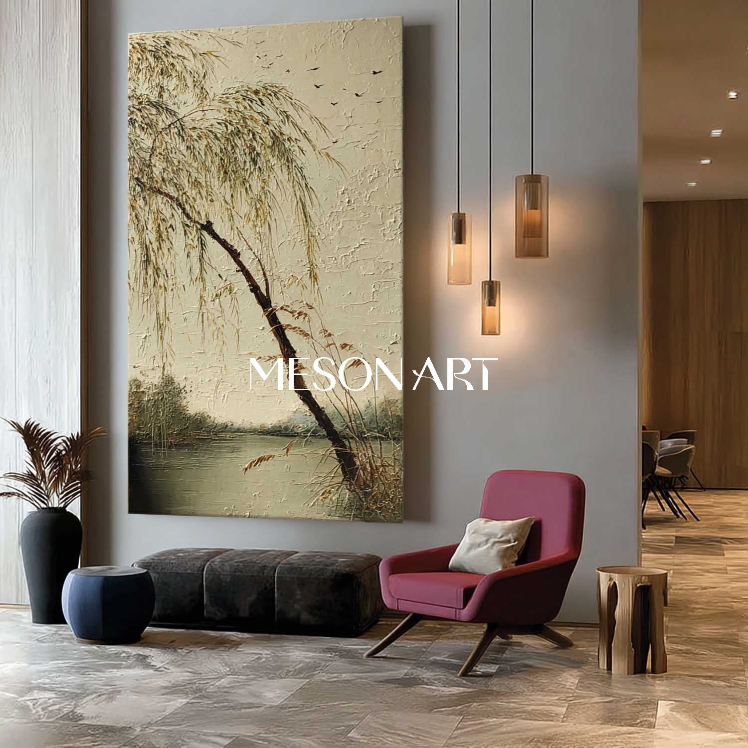 Hand-Painted Chinese Scenery with Willow Trees – Calm Wall Decor | Mesonart