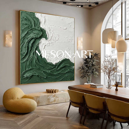 3D Green Wave Texture Painting White And Green Living Room Wall Art
