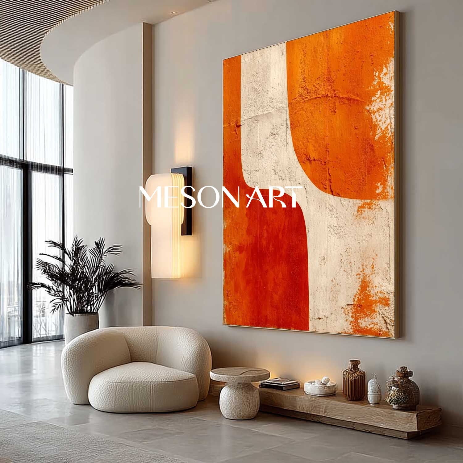 Large Abstract Canvas Wall Art Modern Minimalist Geometric Orange and Beige
