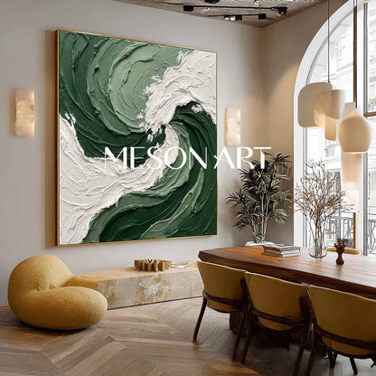 Oversized Crashing Wave Painting | Textured Forest Green Abstract Art