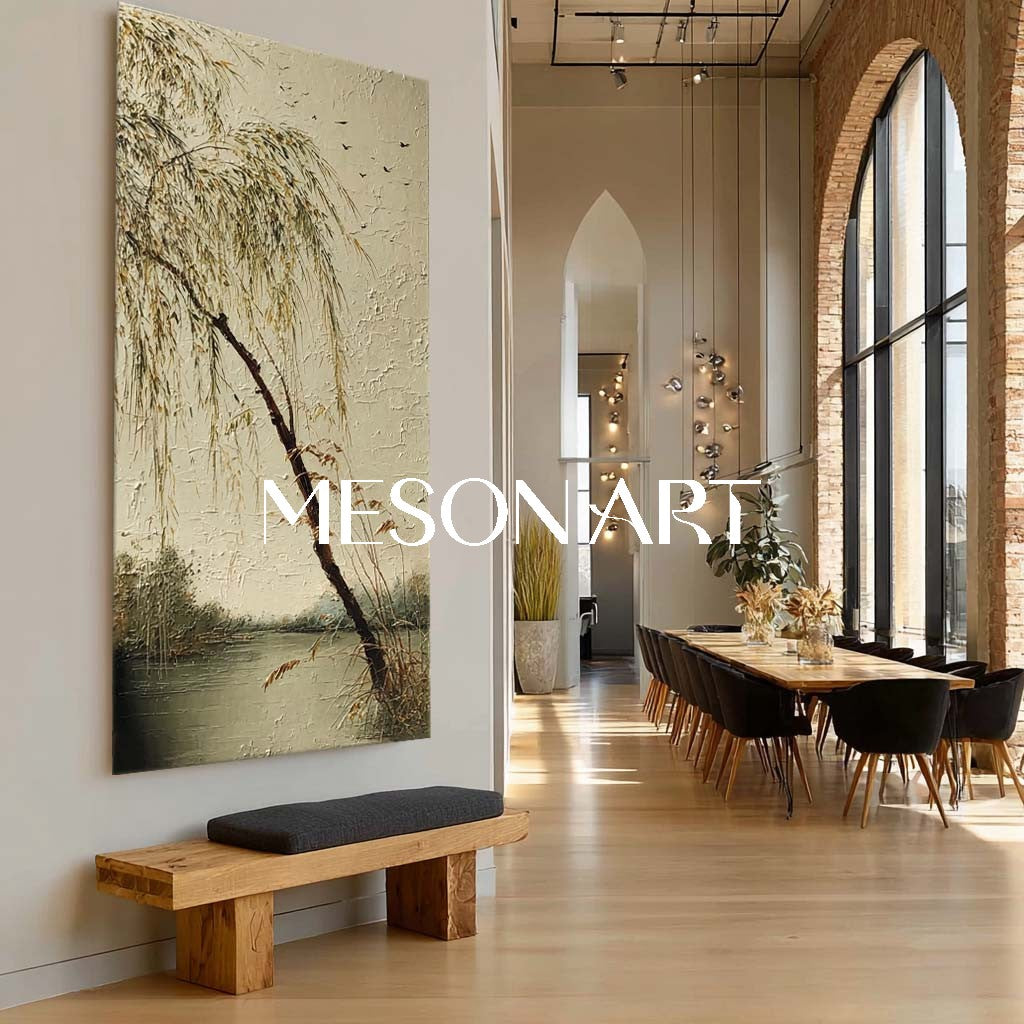 Hand-Painted Chinese Scenery with Willow Trees – Calm Wall Decor | Mesonart