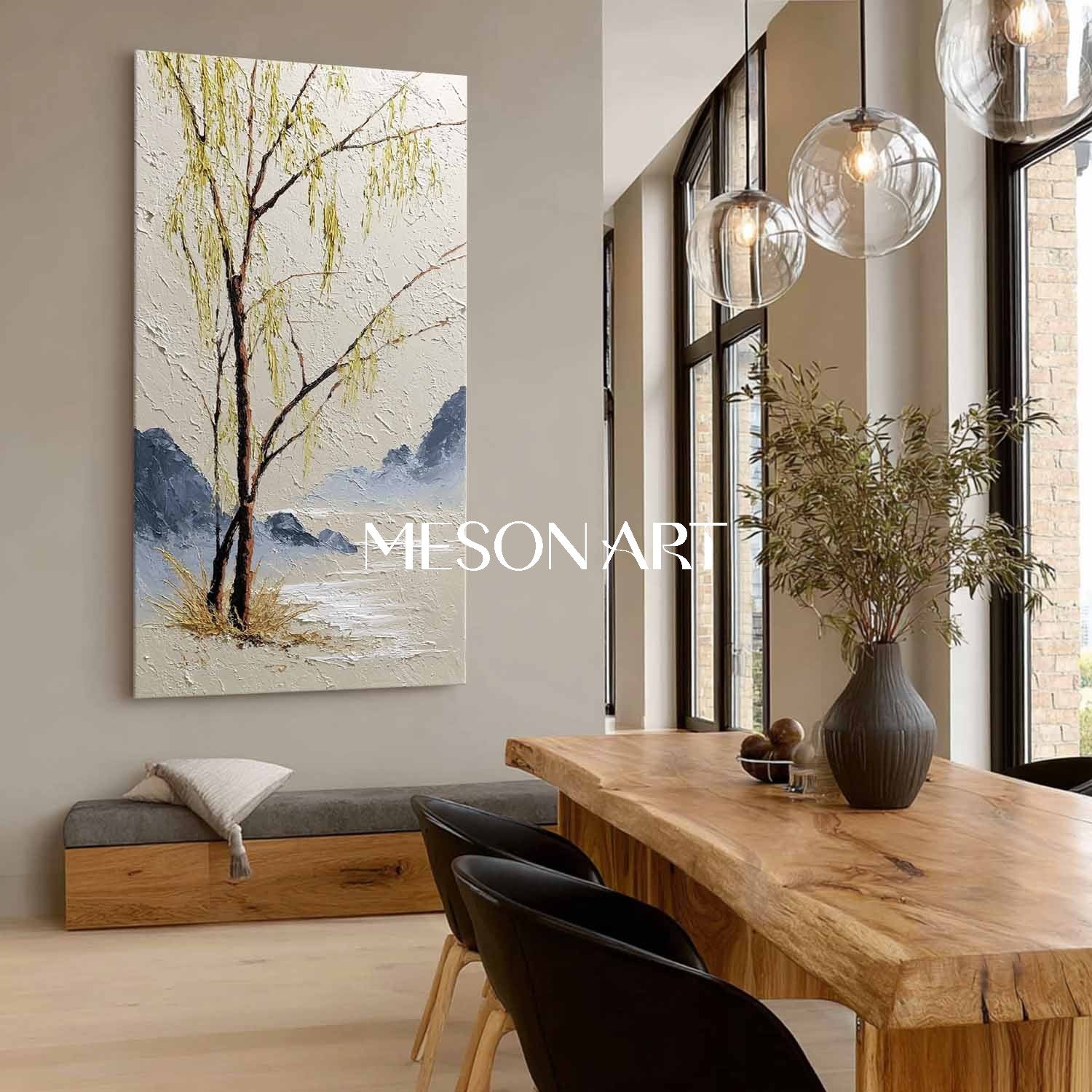 Contemporary Asian Landscape Art with Willow Trees – Mesonart Studio Original