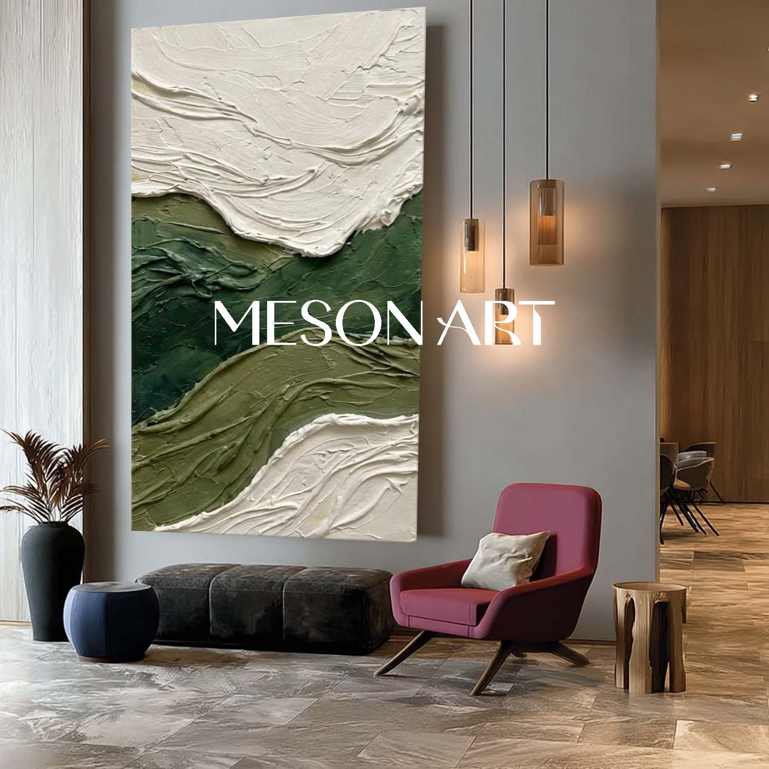 Dark Green Canvas Art High Ceiling Wall Decor Narrow Hallway Art Heavy Texture Painting