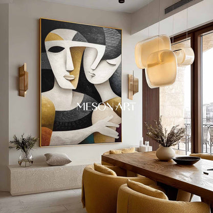 Large Black Textured Vertical Cubist Figure Art Minimalist Wall Decor
