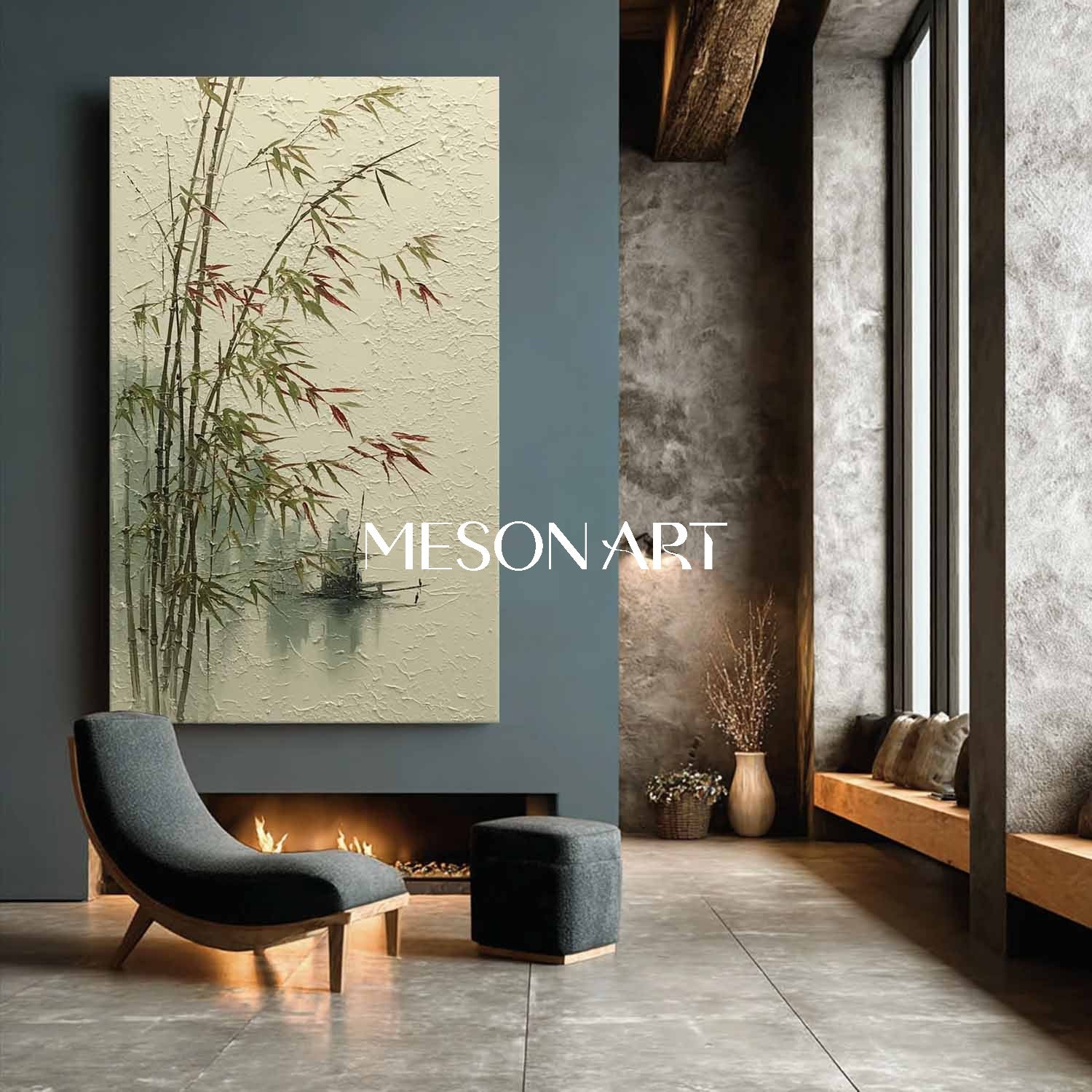Calm Bamboo Scene on Linen Canvas – Hand-Painted Wabi-Sabi Art | Mesonart