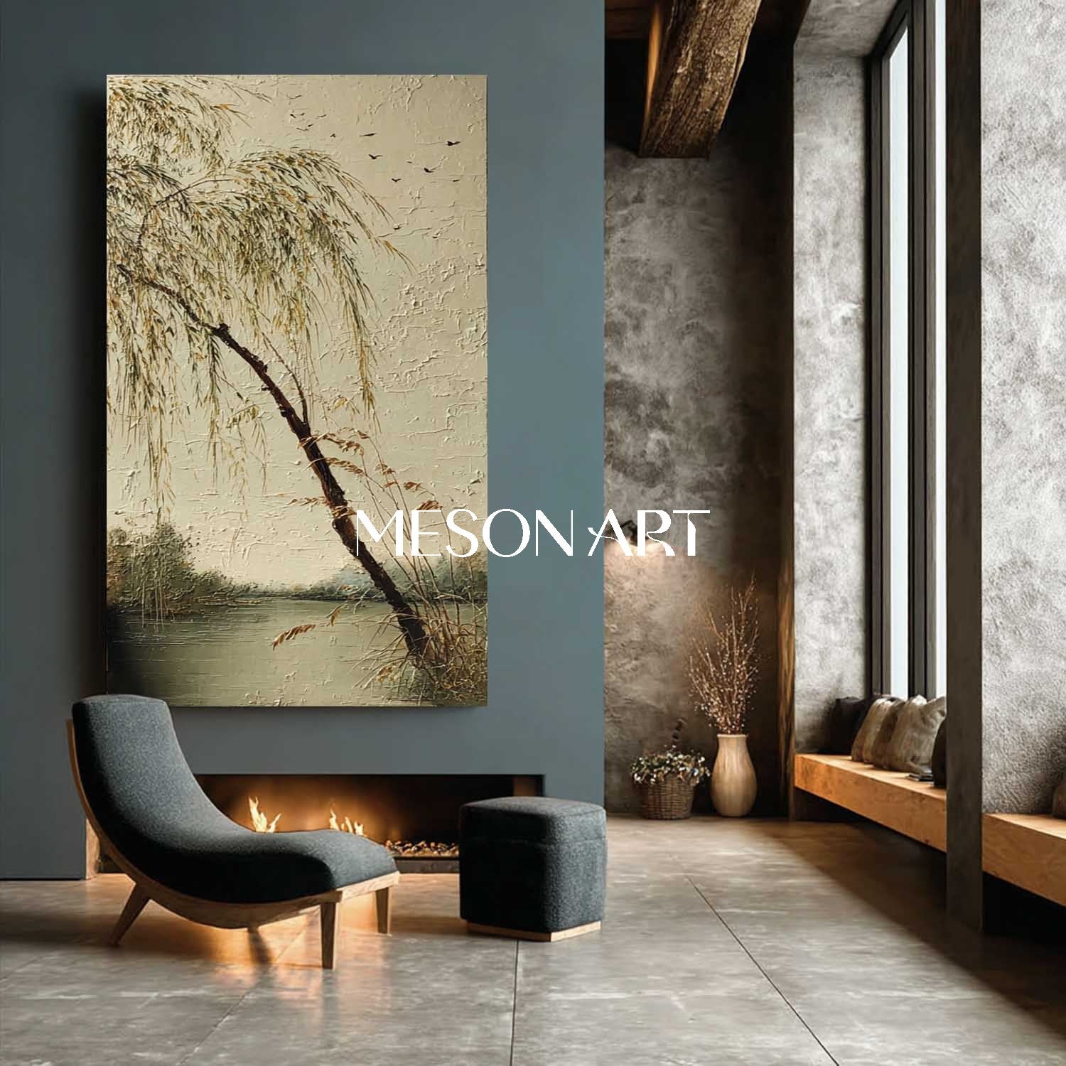 Hand-Painted Chinese Scenery with Willow Trees – Calm Wall Decor | Mesonart