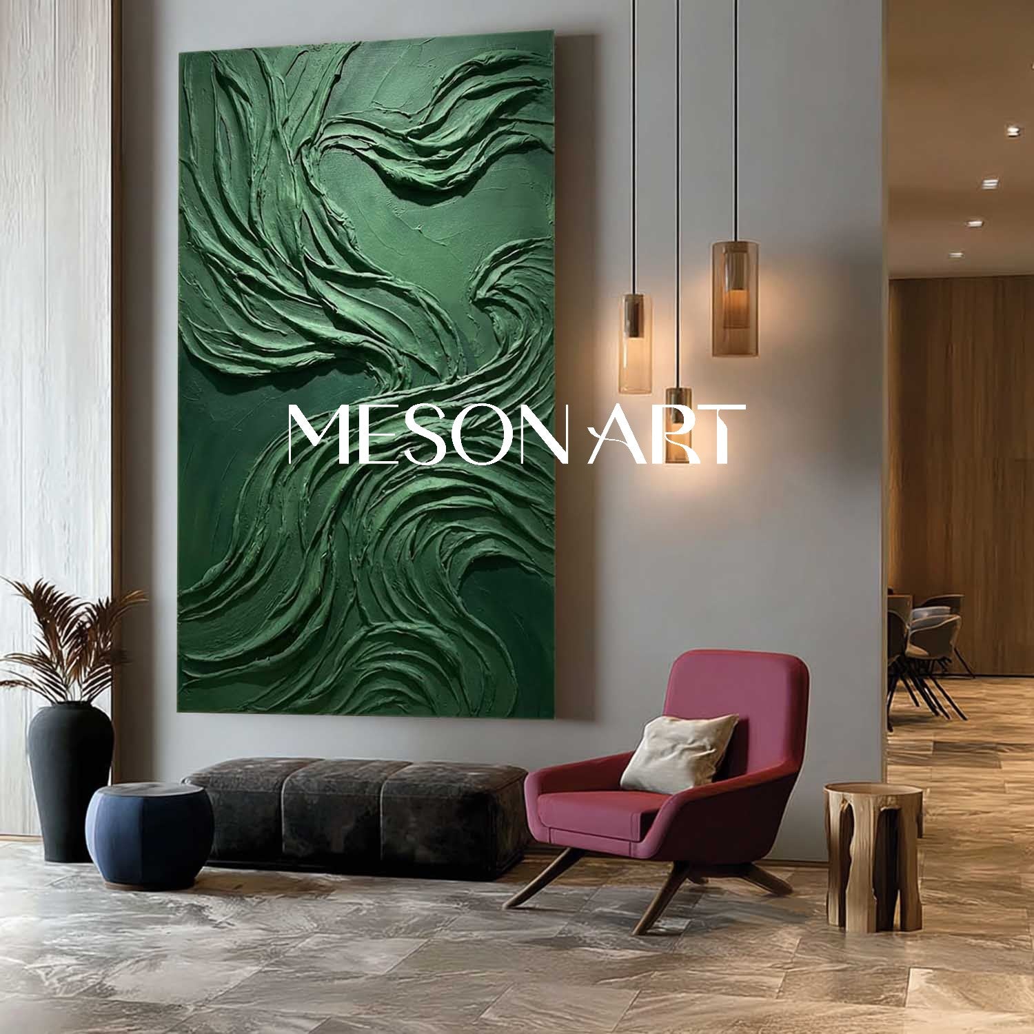 Minimalist Green Interior Decor Dark Green Wall Art Heavy Texture Painting