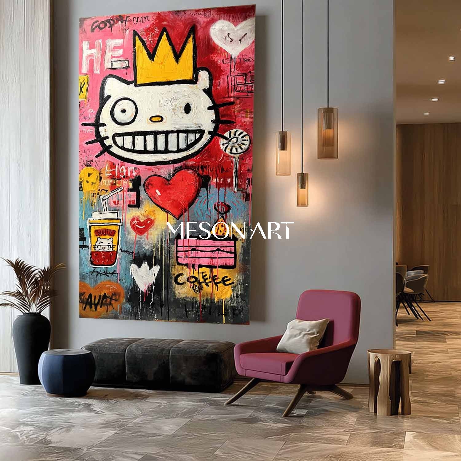 Custom Modern Abstract Crown Cat Impasto Canvas Graffiti Art