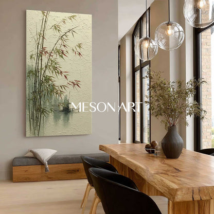 Calm Bamboo Scene on Linen Canvas – Hand-Painted Wabi-Sabi Art | Mesonart