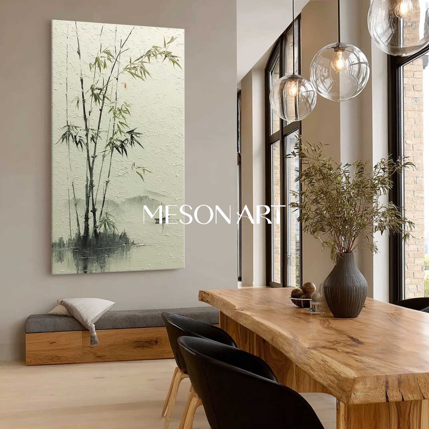 Wabi-Sabi Bamboo Painting on Canvas – Minimalist Wall Art by Mesonart