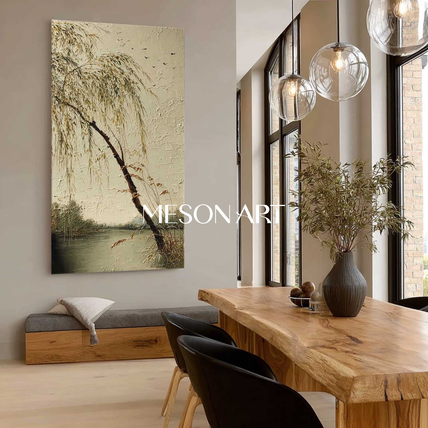 Hand-Painted Chinese Scenery with Willow Trees – Calm Wall Decor | Mesonart