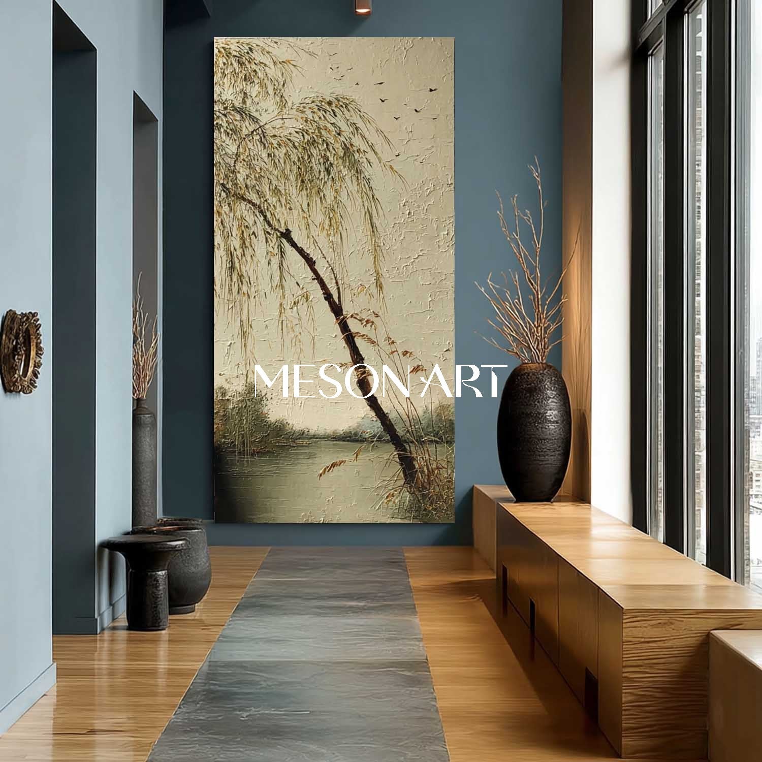 Hand-Painted Chinese Scenery with Willow Trees – Calm Wall Decor | Mesonart