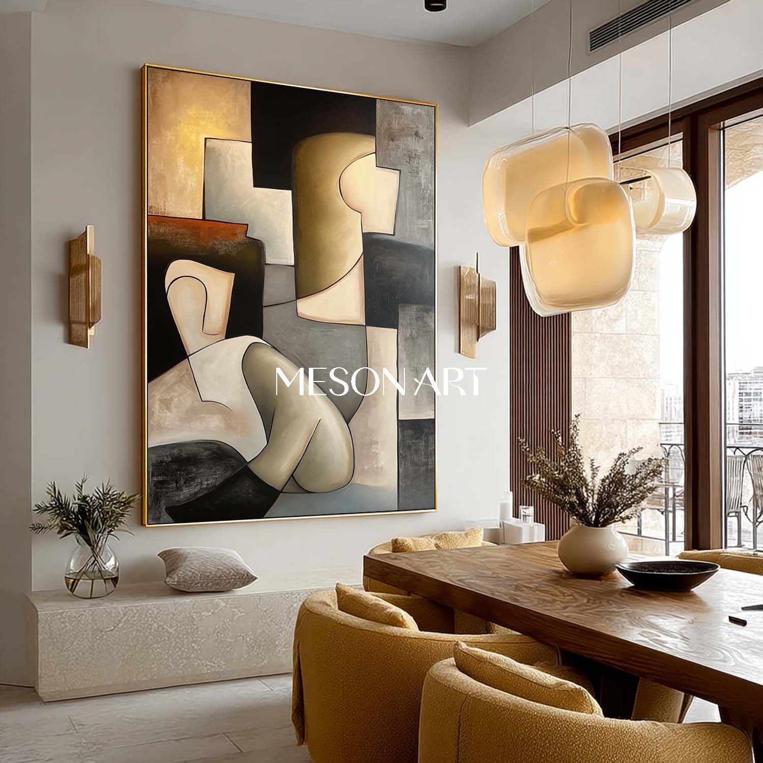 Large Picasso Style Cubist Oil Painting Black Gold Wall Art Bathroom