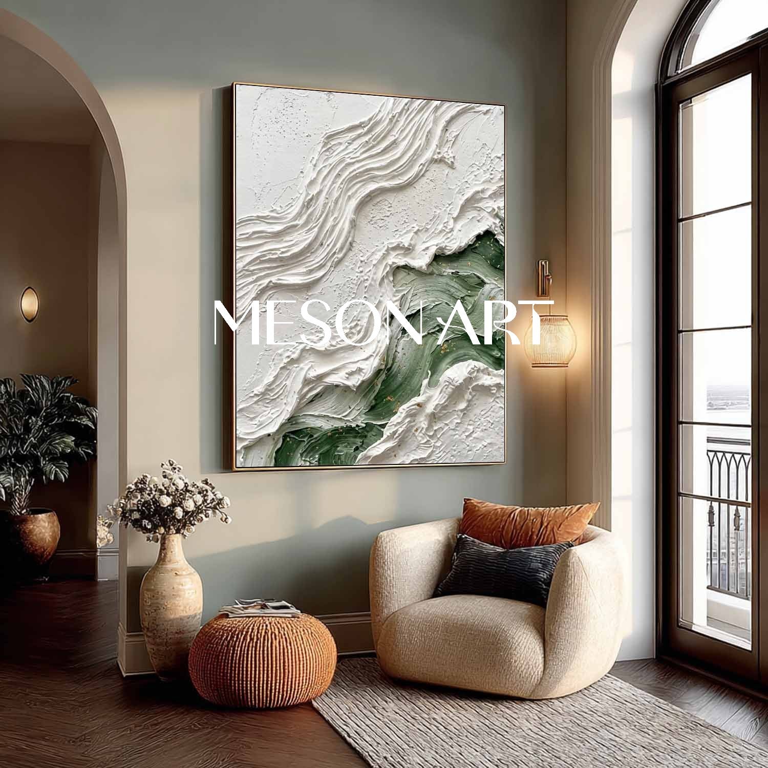 Sage Green And White Fluid Abstract Art Modern Coastal Textured Landscape