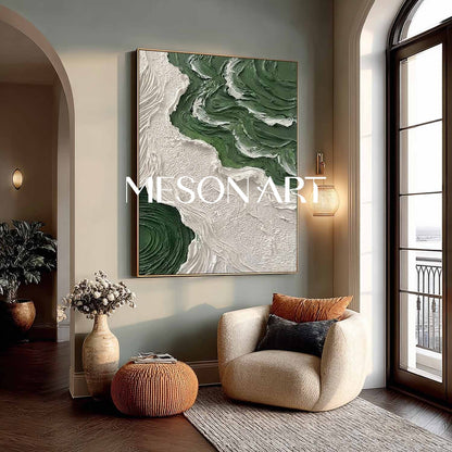 Emerald Green and White Art Diagonal Fluid Abstract Painting Forest Green Abstract River Painting