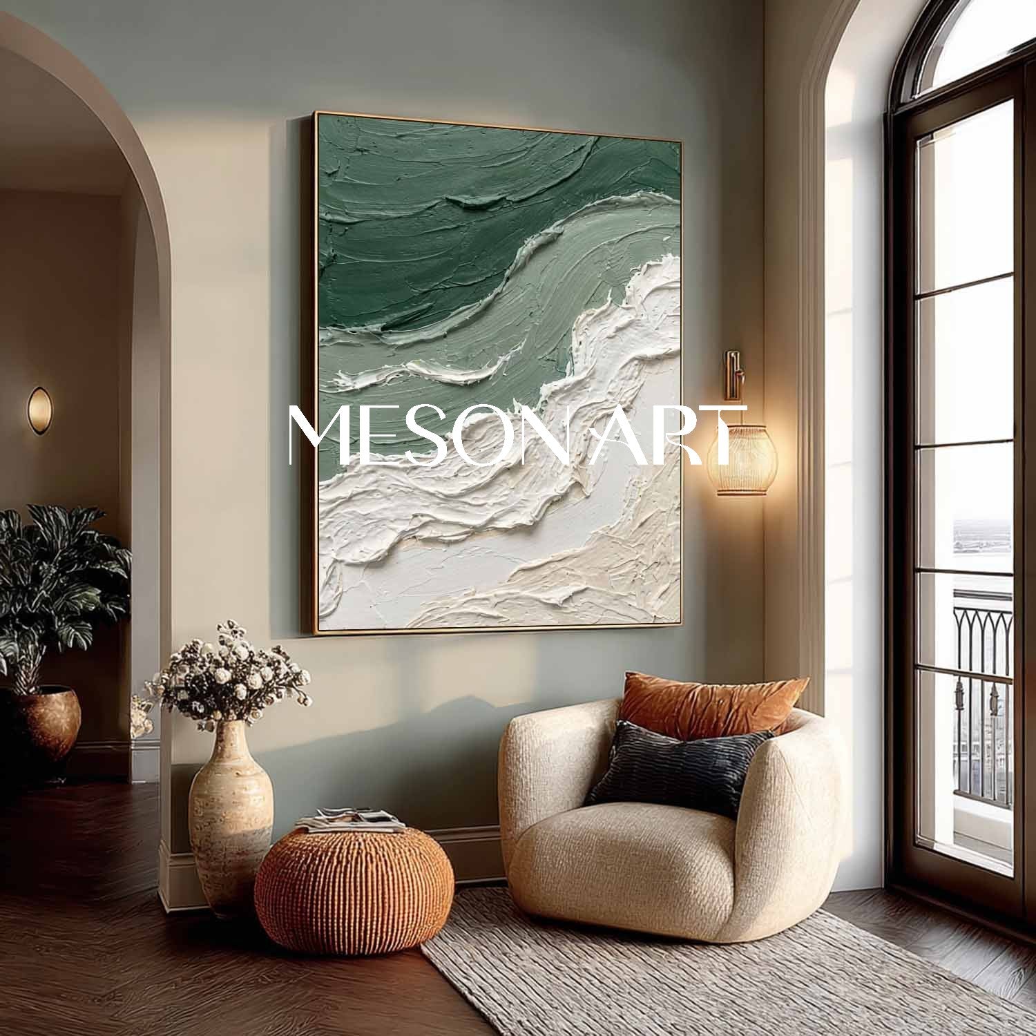 Sage Green & Beige Coastal Art 3D Textured Abstract Beach Canvas Paintings