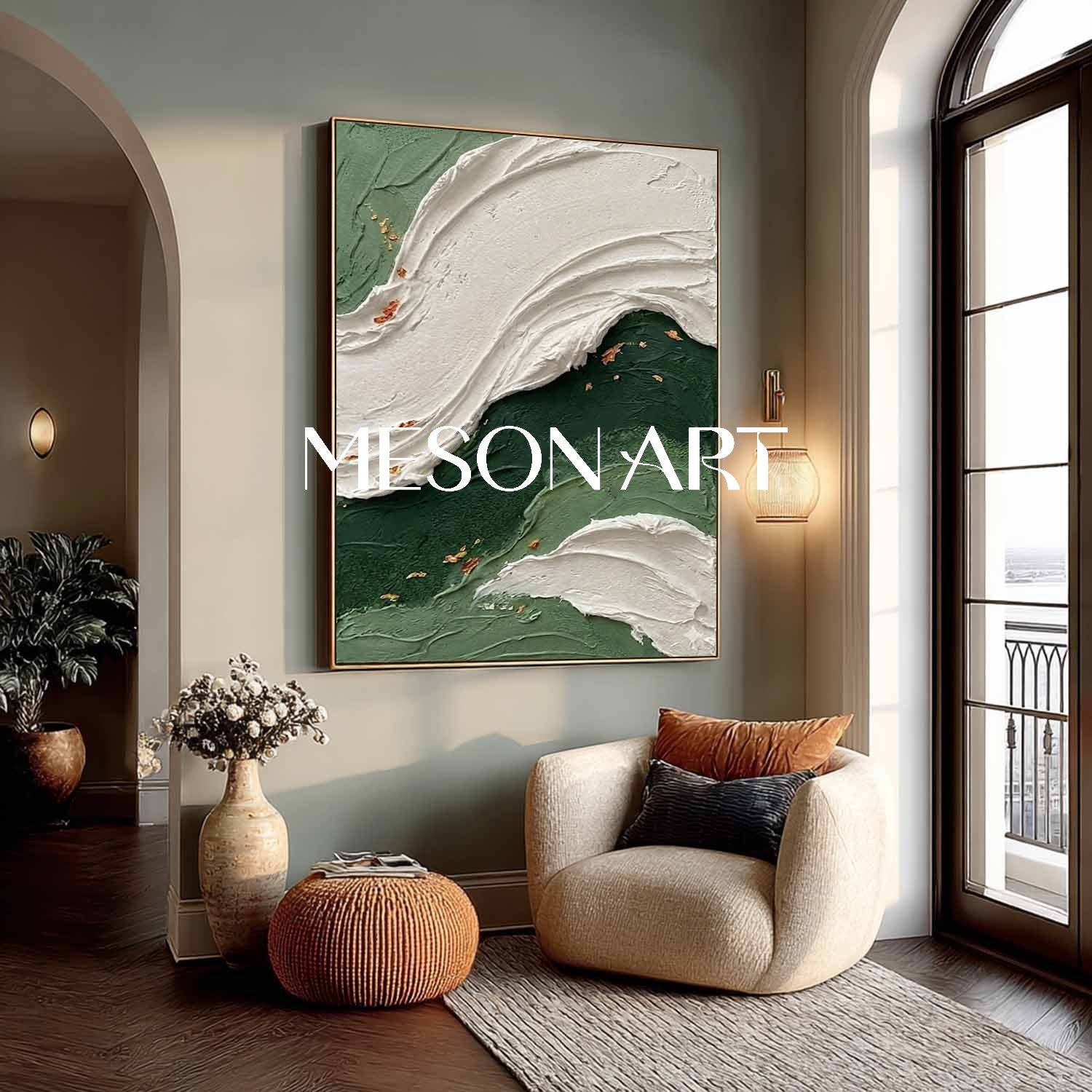 Emerald Green Abstract Wave Painting | Textured Coastal Wall Art with Gold