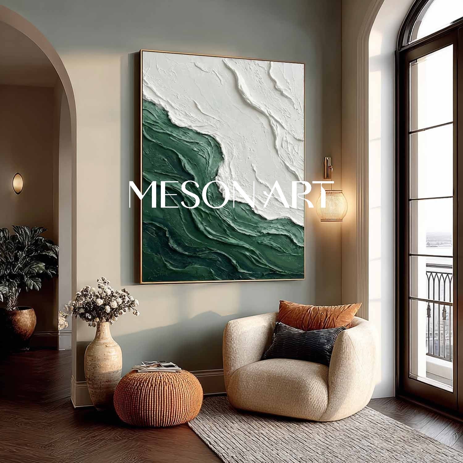 Sage Green Textured Abstract Beach Canvas Paintings Sage Green & Beige Coastal Art