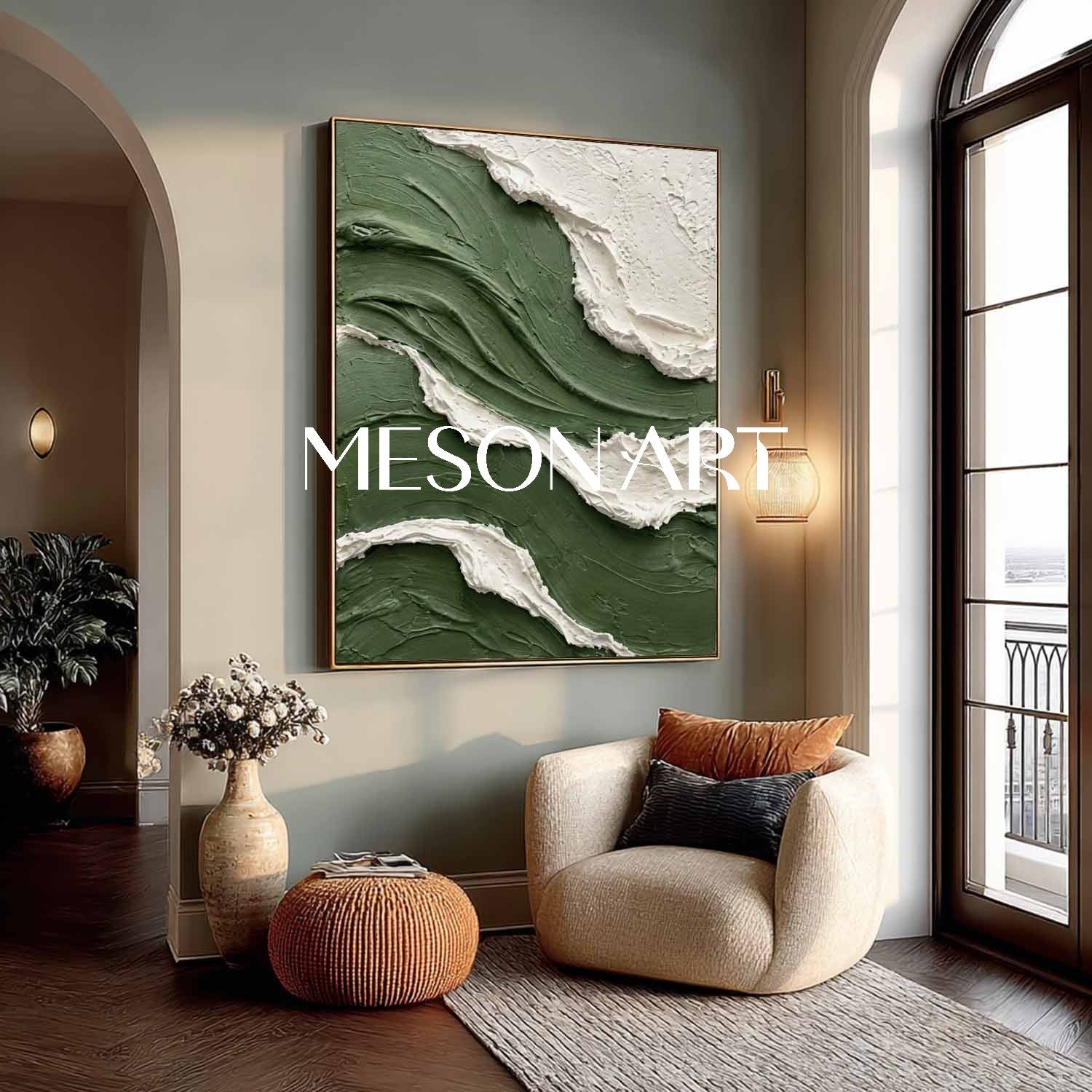 Green Wall Art Abstract Wave Canvas Dark Green & White 3D Textured Art | Heavy Impasto Fluid Wave Canvas