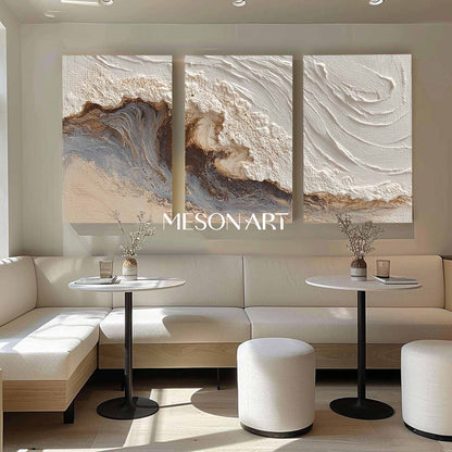 White Sea Plaster Texture Painting 3 Piece Set White Ocean Waves Abstract Canvas Wall Art Decor