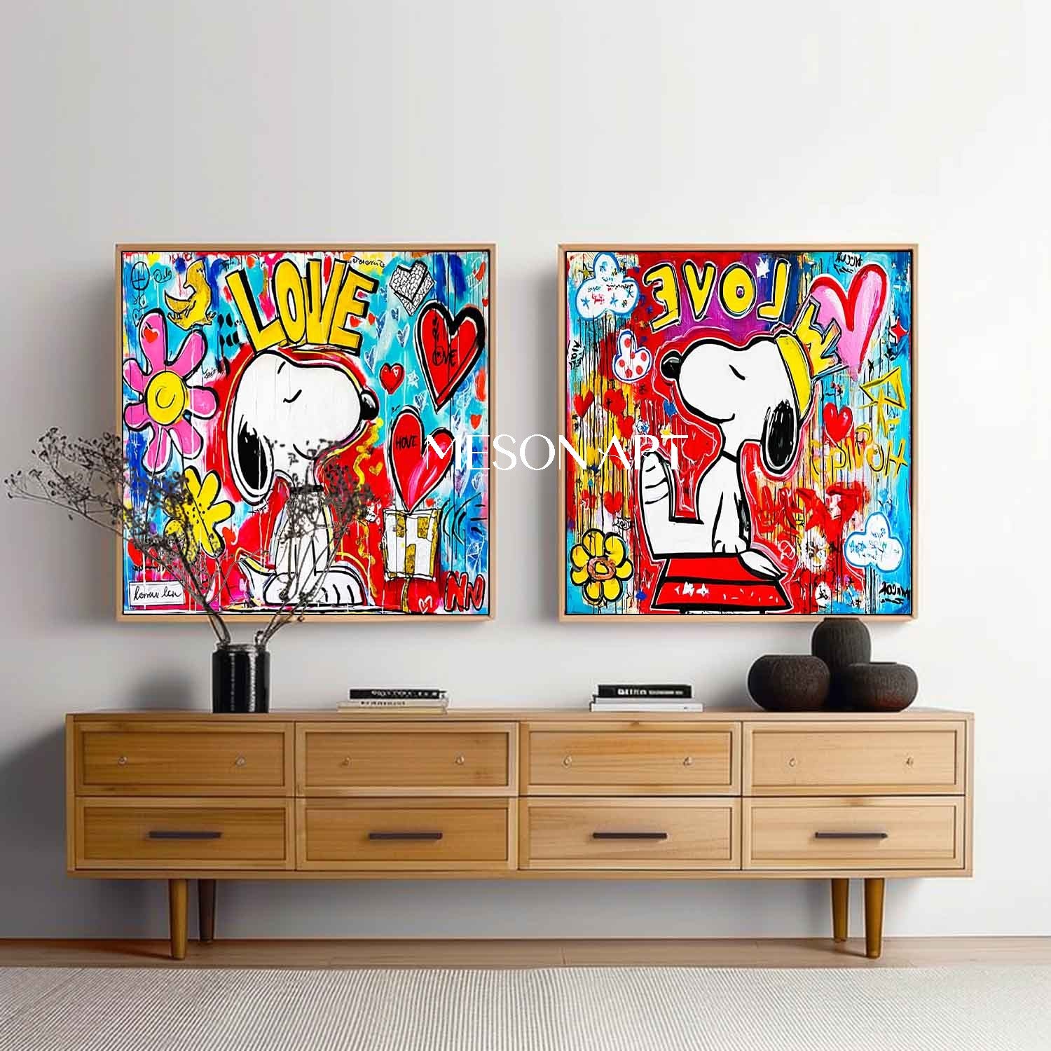 LOVE Graffiti Abstract Art 2-Piece Set Snoopy Pop Art Snoopy and LOVE Wall Art Decoration